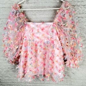 STORIA Babydoll Top Square Neck Feminine Frilly Romantic Small Sheer